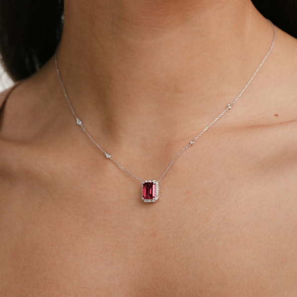 Astra 1.80ct Lab Ruby and Diamond Halo Octagon Cut Necklace in Silver - Image 2