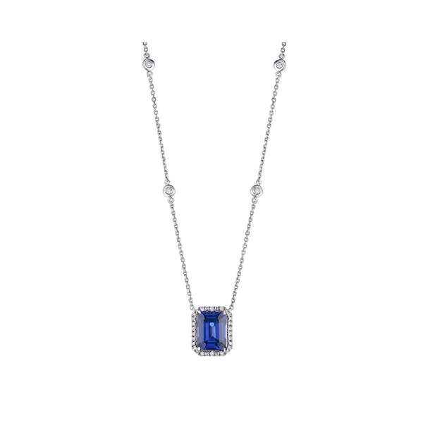Astra 2.00ct Lab Sapphire and Diamond Halo Octagon Cut Necklace in Silver - Image 3