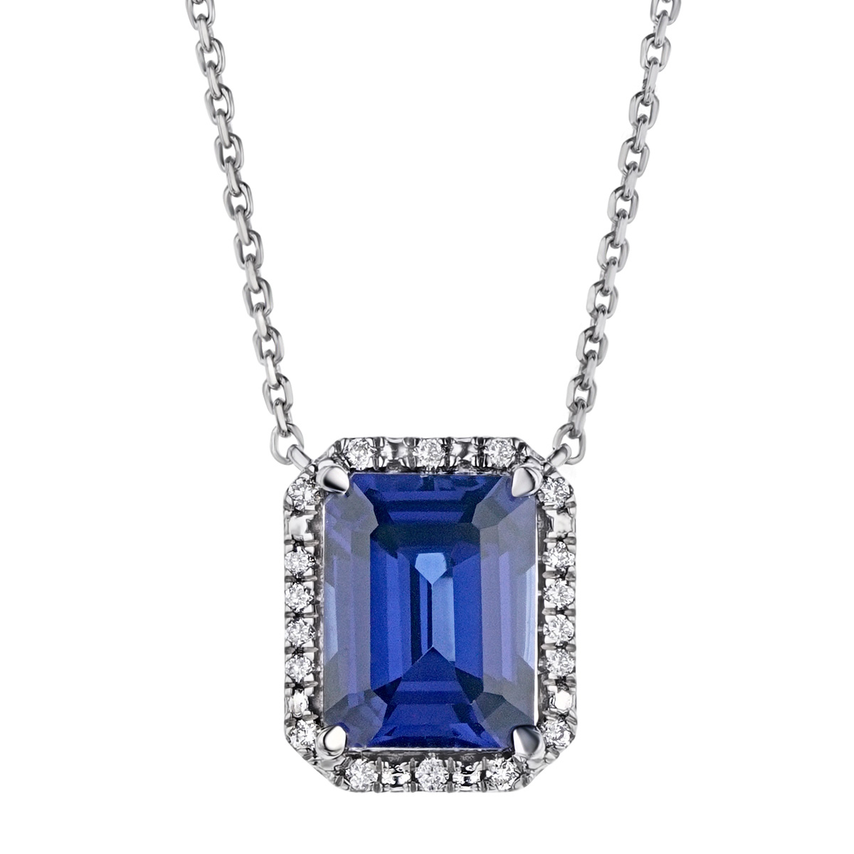 Astra 2.00ct Lab Sapphire and Diamond Halo Octagon Cut Necklace in Silver