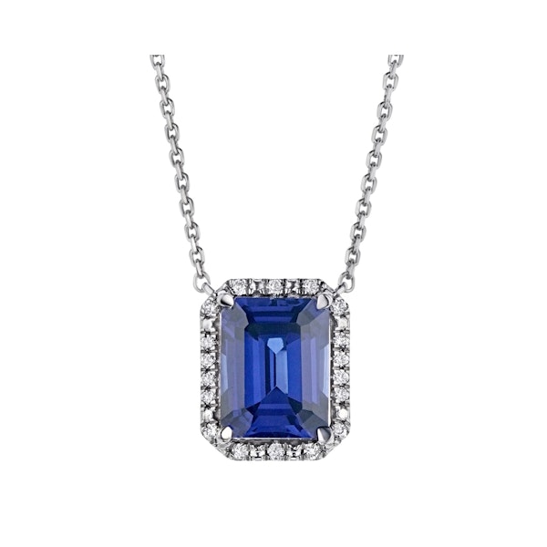 Astra 2.00ct Lab Sapphire and Diamond Halo Octagon Cut Necklace in Silver - Image 1