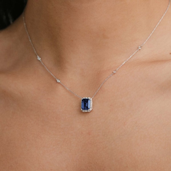Astra 2.00ct Lab Sapphire and Diamond Halo Octagon Cut Necklace in Silver - Image 2