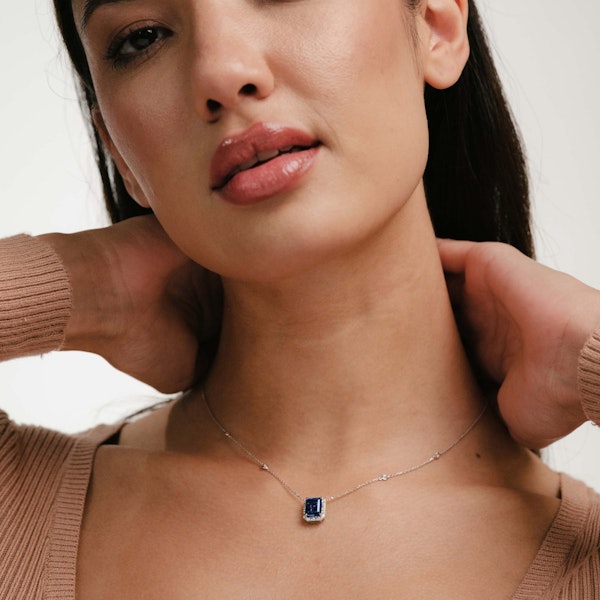 Astra 2.00ct Lab Sapphire and Diamond Halo Octagon Cut Necklace in Silver - Image 4