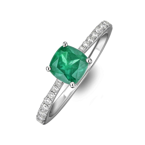 Astra 1.70ct Lab Emerald and Diamond Shoulder Set Cushion Cut Ring in Silver - Image 1