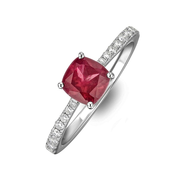 Astra 2.00ct Lab Ruby and Diamond Shoulder Set Cushion Cut Ring in Silver - Image 1