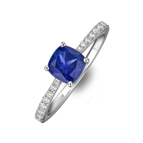 Astra 2.30ct Lab Sapphire and Diamond Shoulder Set Cushion Cut Ring in Silver - Image 1