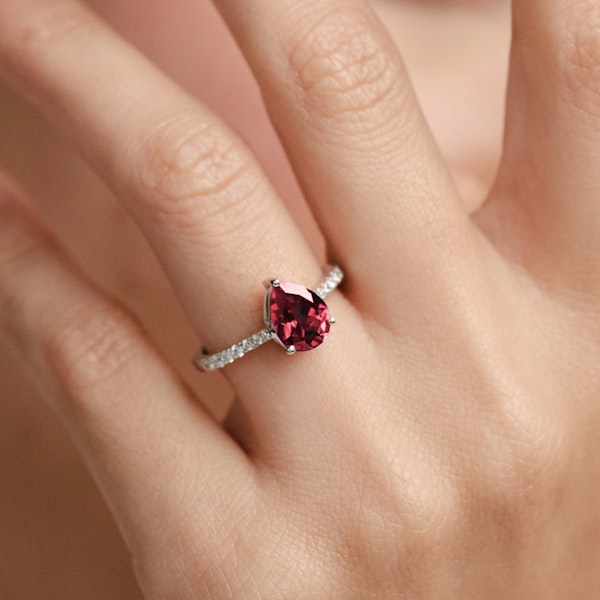 Astra 3.50ct Lab Ruby and Diamond Shoulder Set Pear Cut Ring in Silver - Image 2