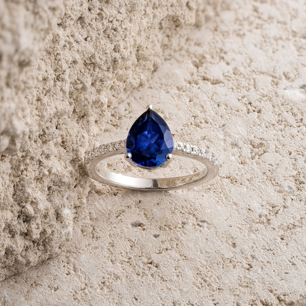 Astra 3.10ct Lab Sapphire and Diamond Shoulder Set Pear Cut Ring in Silver