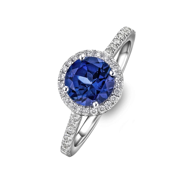 Astra 3.60ct Lab Sapphire and Diamond Halo Shoulder Set Round Cut in Silver - Image 1