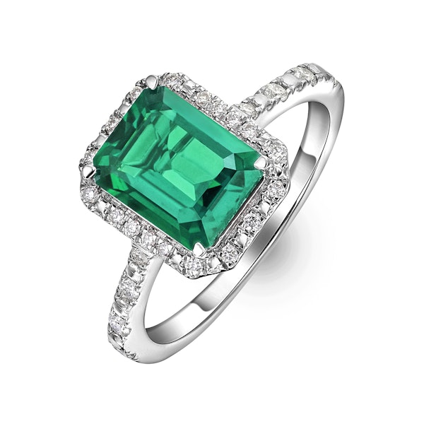 Astra 1.50ct Lab Emerald and Diamond Halo Shoulder Set Octagon Cut Ring in Silver - Image 1