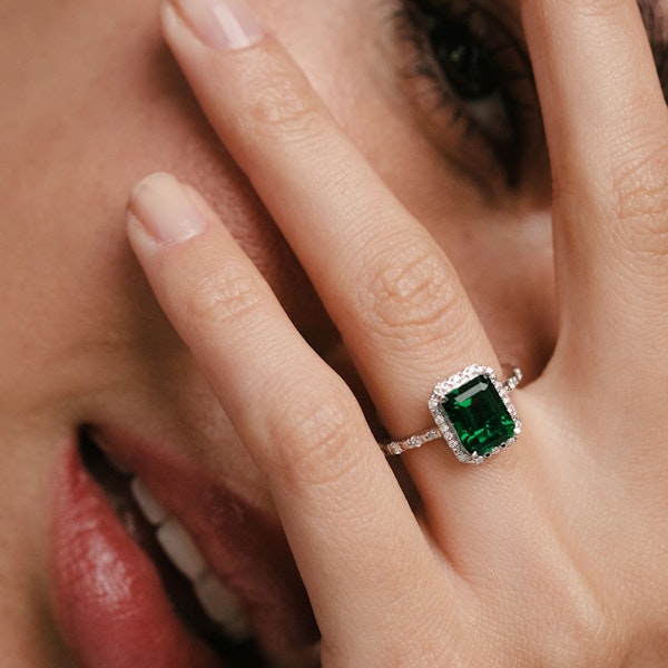 Astra 1.50ct Lab Emerald and Diamond Halo Shoulder Set Octagon Cut Ring in Silver - Image 2