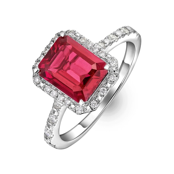 Astra 1.90ct Lab Ruby and Diamond Halo Shoulder Set Octagon Cut Ring in Silver - Image 1