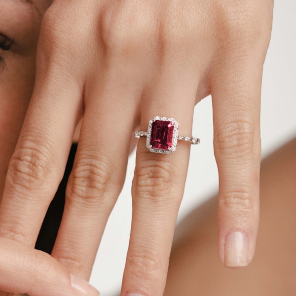 Astra 1.90ct Lab Ruby and Diamond Halo Shoulder Set Octagon Cut Ring in Silver - Image 4