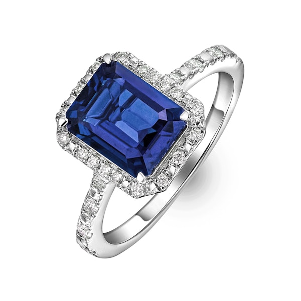 Astra 1.90ct Lab Sapphire Halo Shoulder Set Octagon Cut Ring in Silver - Image 1