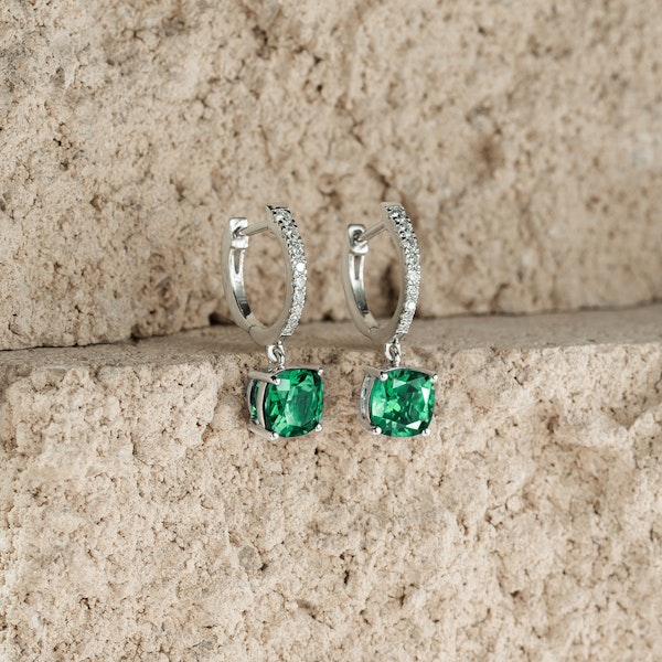Astra 3.40ct Lab Emerald and Diamond Drop Cushion Cut Earrings in Silver - Image 2