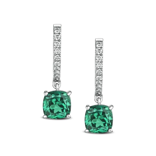Astra 3.40ct Lab Emerald and Diamond Drop Cushion Cut Earrings in Silver - Image 1