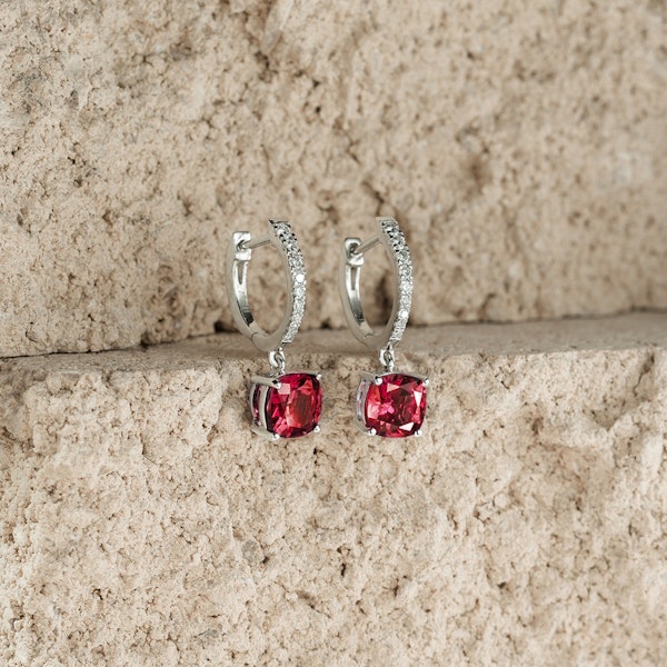 Astra 4.00ct Lab Ruby and Diamond Drop Cushion Cut Earrings in Silver - Image 2