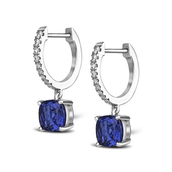 Astra 4.70t Lab Sapphire and Diamond Drop Cushion Cut Earrings in Silver - Image 3
