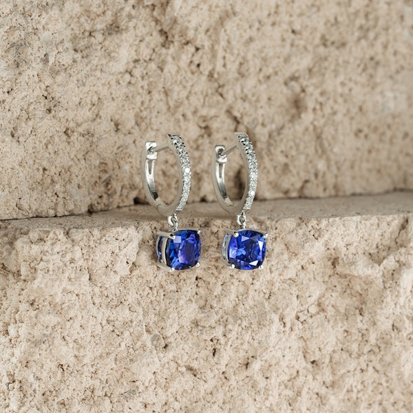 Astra 4.70t Lab Sapphire and Diamond Drop Cushion Cut Earrings in Silver - Image 2
