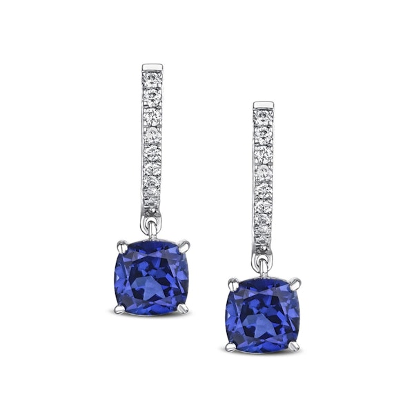 Astra 4.70t Lab Sapphire and Diamond Drop Cushion Cut Earrings in Silver - Image 1