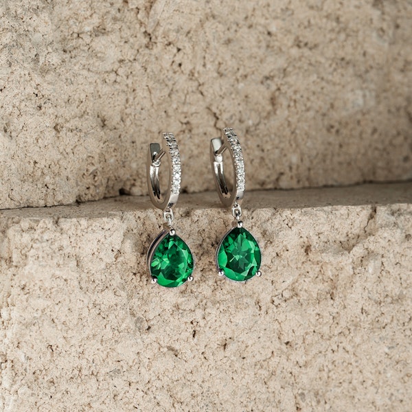 Astra 4.60ct Lab Emerald and Diamond Drop Pear Cut Earrings in Silver - Image 2