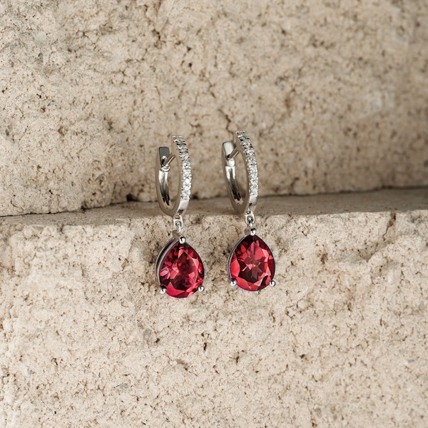 Astra 6.80ct Lab Ruby and Diamond Drop Pear Cut Earrings in Silver - Image 2