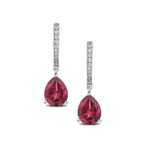 Astra 6.80ct Lab Ruby and Diamond Drop Pear Cut Earrings in Silver - Image 1