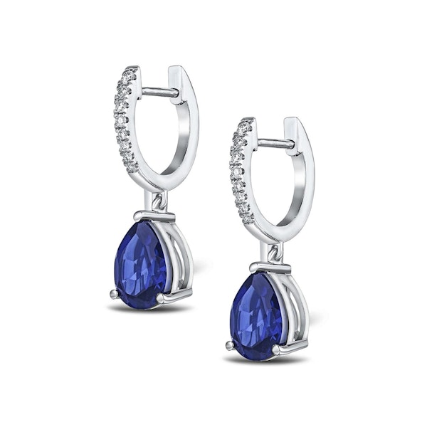 Astra 6.50ct Lab Sapphire and Diamond Drop Pear Cut Earrings in Silver - Image 3
