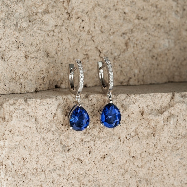 Astra 6.50ct Lab Sapphire and Diamond Drop Pear Cut Earrings in Silver - Image 6
