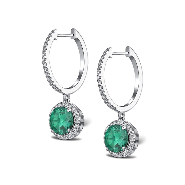 Astra 4.70ct Lab Emerald and Diamond Drop Halo Round Cut Earrings in Silver - Image 3