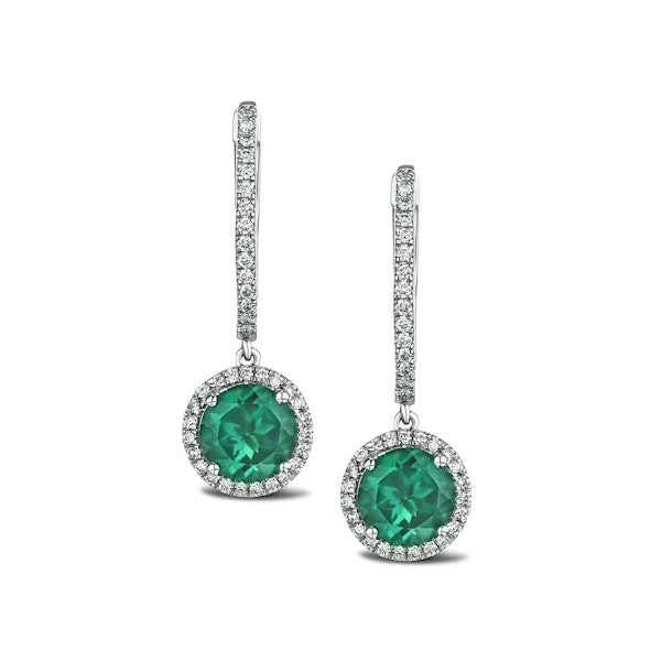 Astra 4.70ct Lab Emerald and Diamond Drop Halo Round Cut Earrings in Silver - Image 1