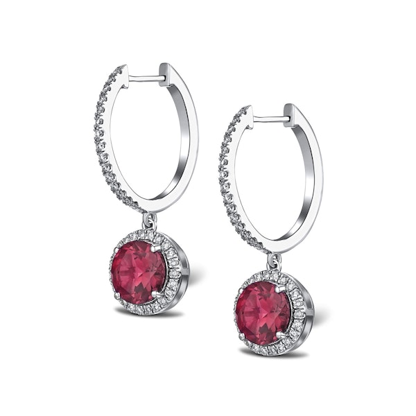 Astra 7.10ct Lab Ruby and Diamond Drop Halo Round Cut Earrings in Silver - Image 3
