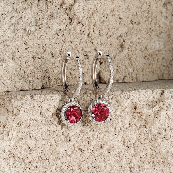 Astra 7.10ct Lab Ruby and Diamond Drop Halo Round Cut Earrings in Silver - Image 6