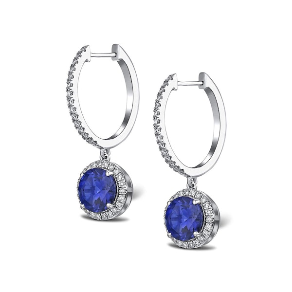 Astra 7.00ct Lab Sapphire and Diamond Drop Halo Round Cut Earrings in Silver - Image 3