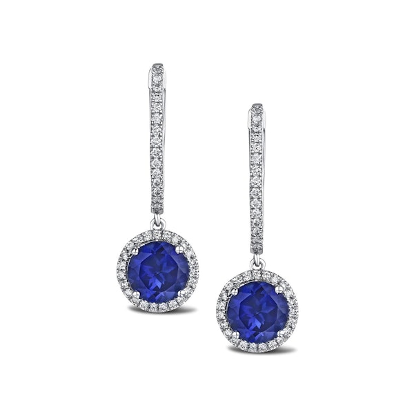 Astra 7.00ct Lab Sapphire and Diamond Drop Halo Round Cut Earrings in Silver - Image 1