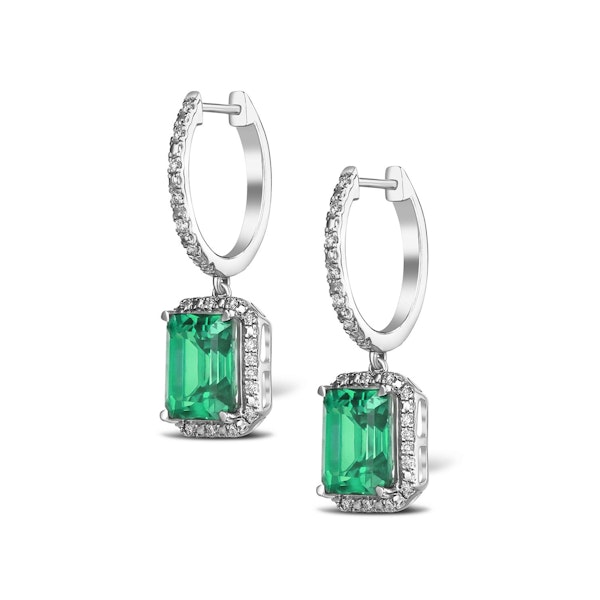 Astra 3.00ct Lab Emerald and Diamond Drop Halo Octagon Cut Earrings in Silver - Image 3