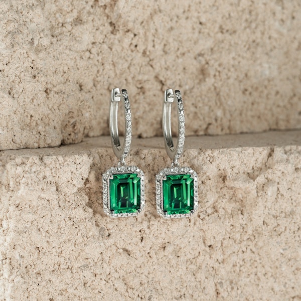 Astra 3.00ct Lab Emerald and Diamond Drop Halo Octagon Cut Earrings in Silver - Image 6