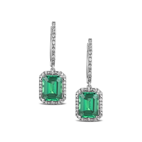 Astra 3.00ct Lab Emerald and Diamond Drop Halo Octagon Cut Earrings in Silver - Image 1