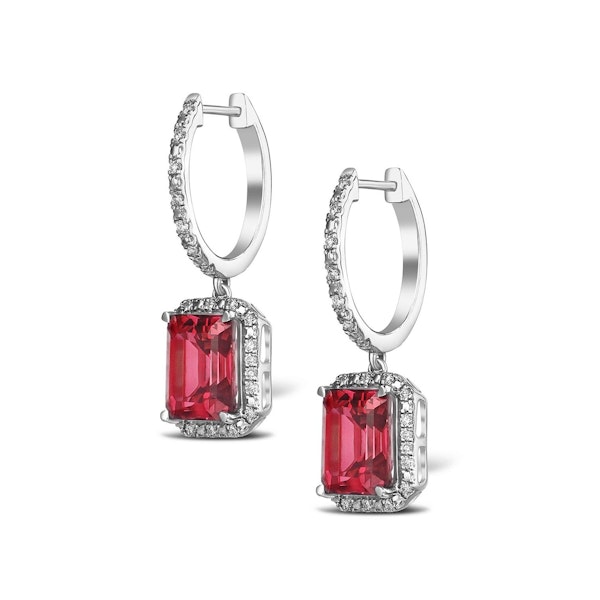 Astra 3.50ct Lab Ruby and Diamond Drop Halo Octagon Cut Earrings in Silver - Image 3