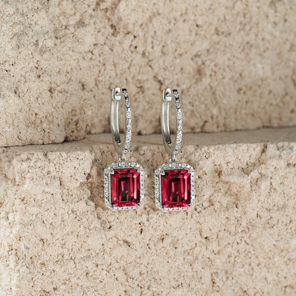 Astra 3.50ct Lab Ruby and Diamond Drop Halo Octagon Cut Earrings in Silver - Image 6
