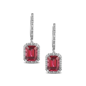 Astra 3.50ct Lab Ruby and Diamond Drop Halo Octagon Cut Earrings in Silver