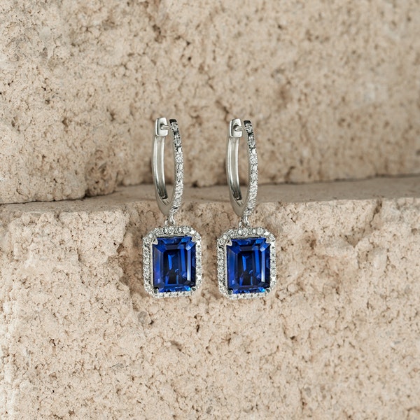 Astra 4.00ct Lab Sapphire and Diamond Drop Halo Octagon Cut Earrings in Silver - Image 6