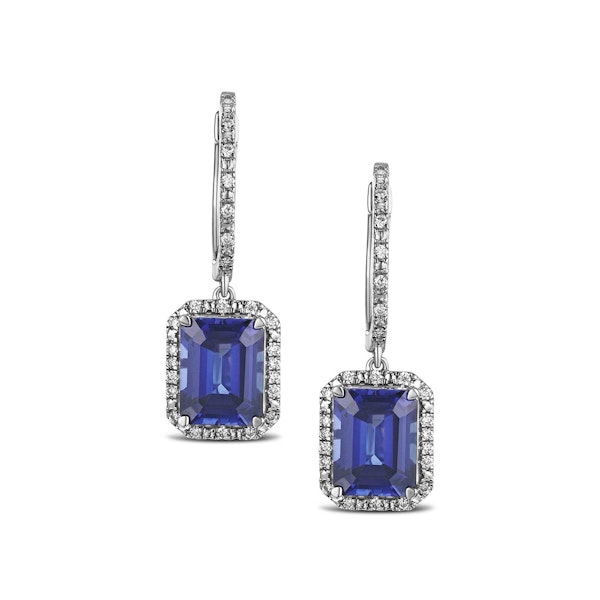 Astra 4.00ct Lab Sapphire and Diamond Drop Halo Octagon Cut Earrings in Silver - Image 1