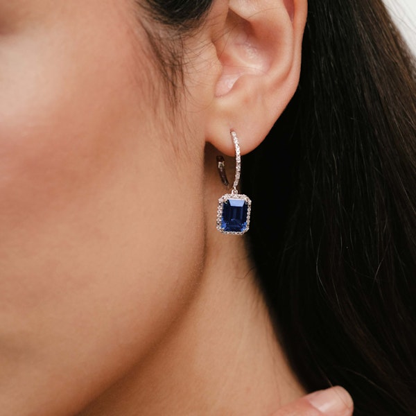 Astra 4.00ct Lab Sapphire and Diamond Drop Halo Octagon Cut Earrings in Silver - Image 4