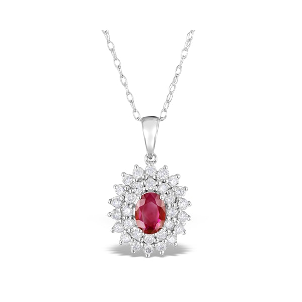 Ruby 7 x 5mm And Diamond 9K White Gold Pendant Necklace - Image 1