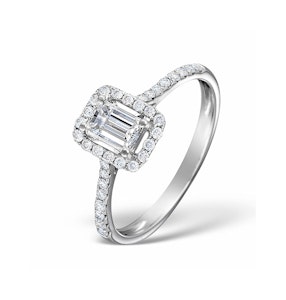 Halo Engagement Ring Ella 0.80ct VS Emerald Cut Diamonds 18KW Gold