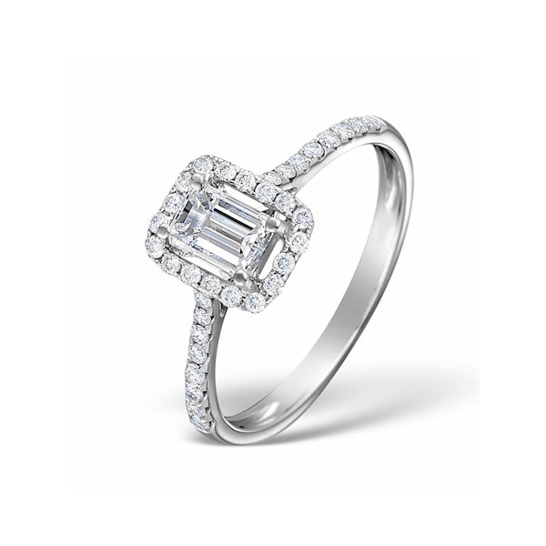 Halo Engagement Ring Ella 0.80ct VS Emerald Cut Diamonds 18KW Gold - Image 1