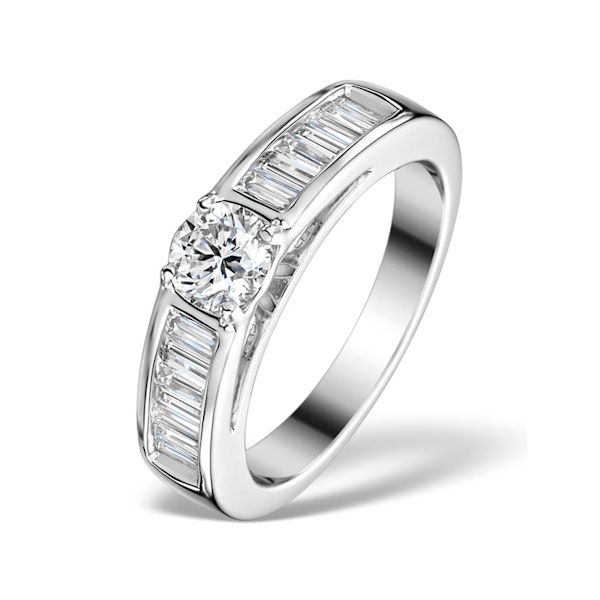 Sidestone Engagement Ring Yasmin 1ct E/VS1 Baguette in 18K White Gold - Image 1