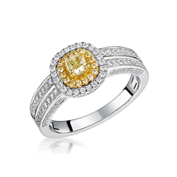 Shaya Yellow Diamond Double Halo Engagement Ring 0.65ct 18K White Gold - Image 1