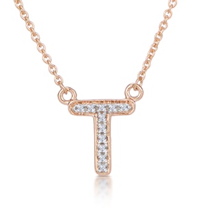 Initial 'T' Necklace Diamond Encrusted Pave Set in 9K Rose Gold