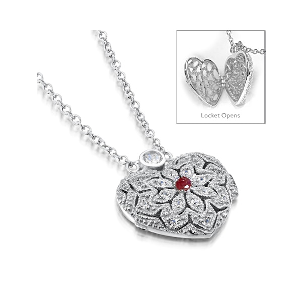 Ruby July Birthstone Vintage Locket Necklace and White Topaz in Silver - Image 4